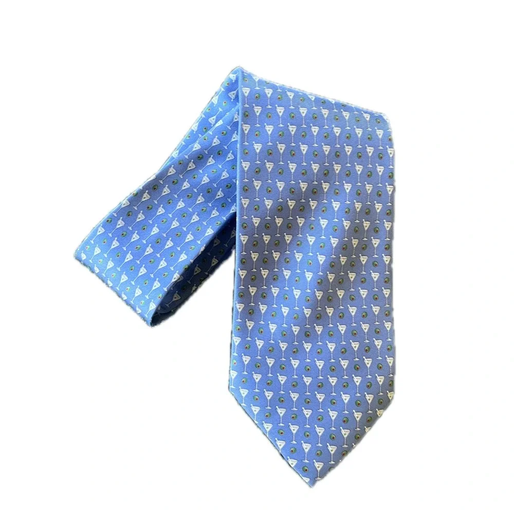 Vintage Silk Tie Light Blue Martini Glass Olive Cocktail Party Necktie Fun Funky